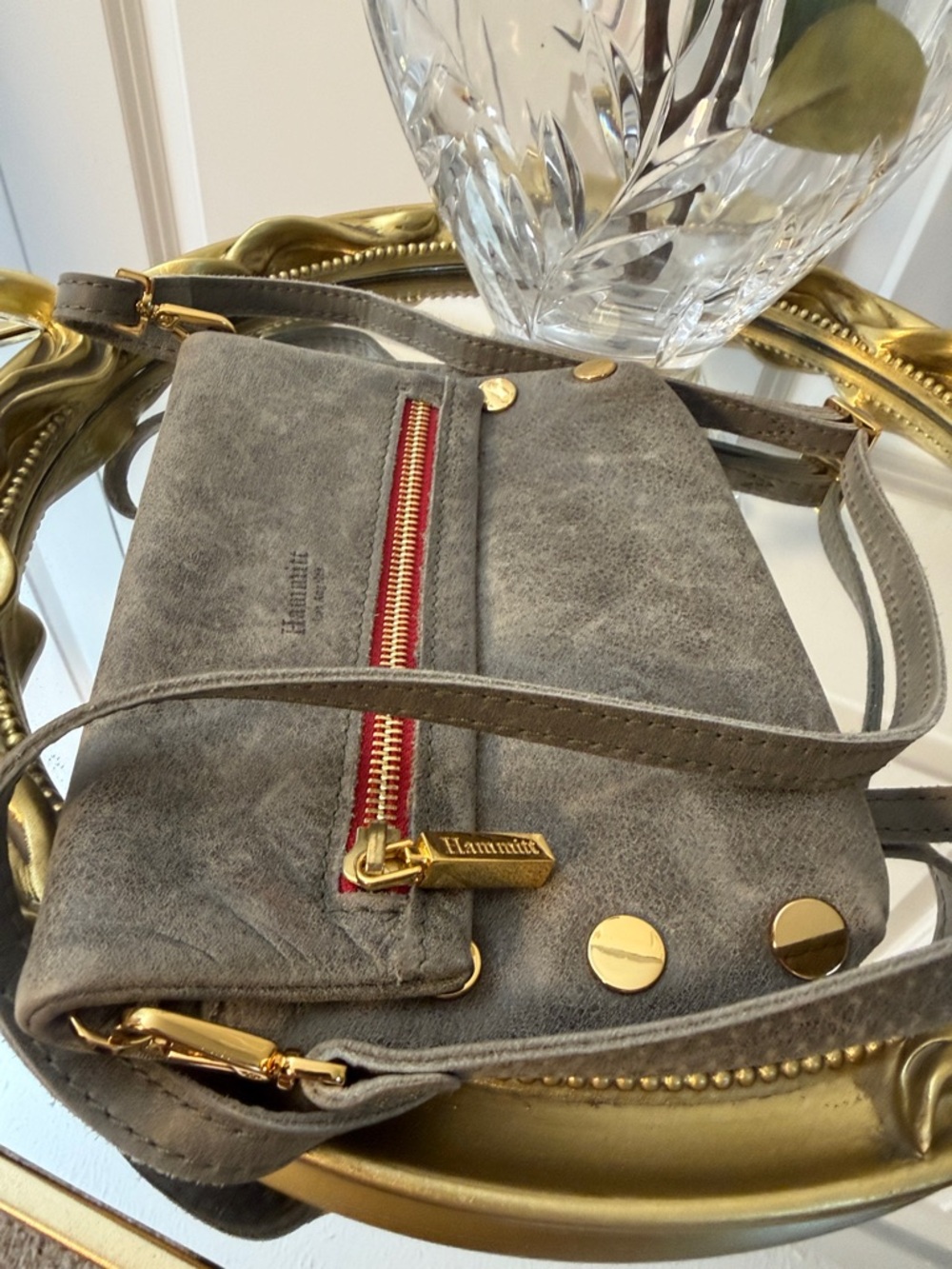 Hammitt Gray Suede Crossbody with Red Zip and Gold Hardware - Picture 4 of 11